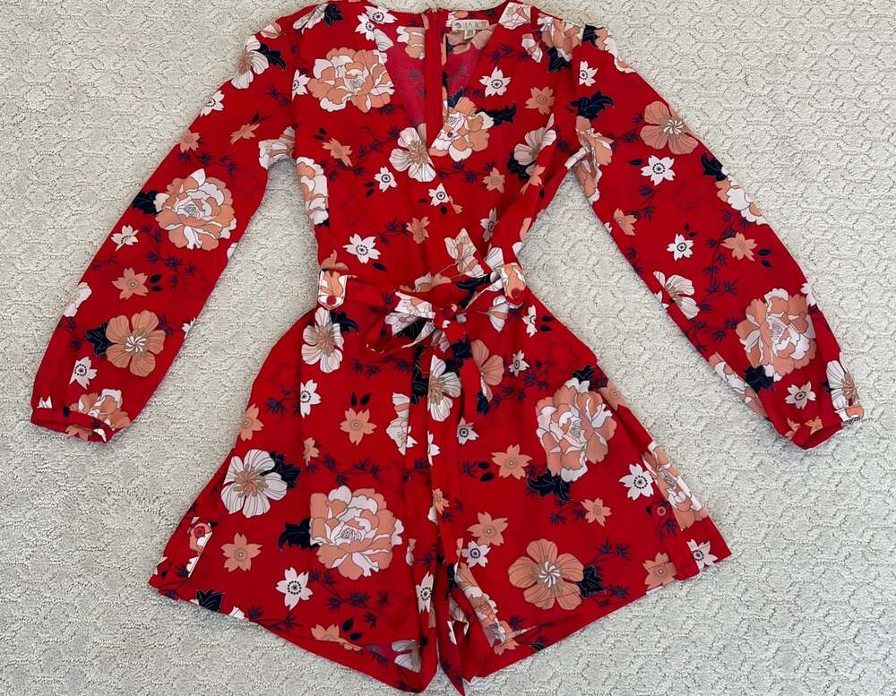 Lila Rose Red Floral Long Sleeve Belted Romper Size 6